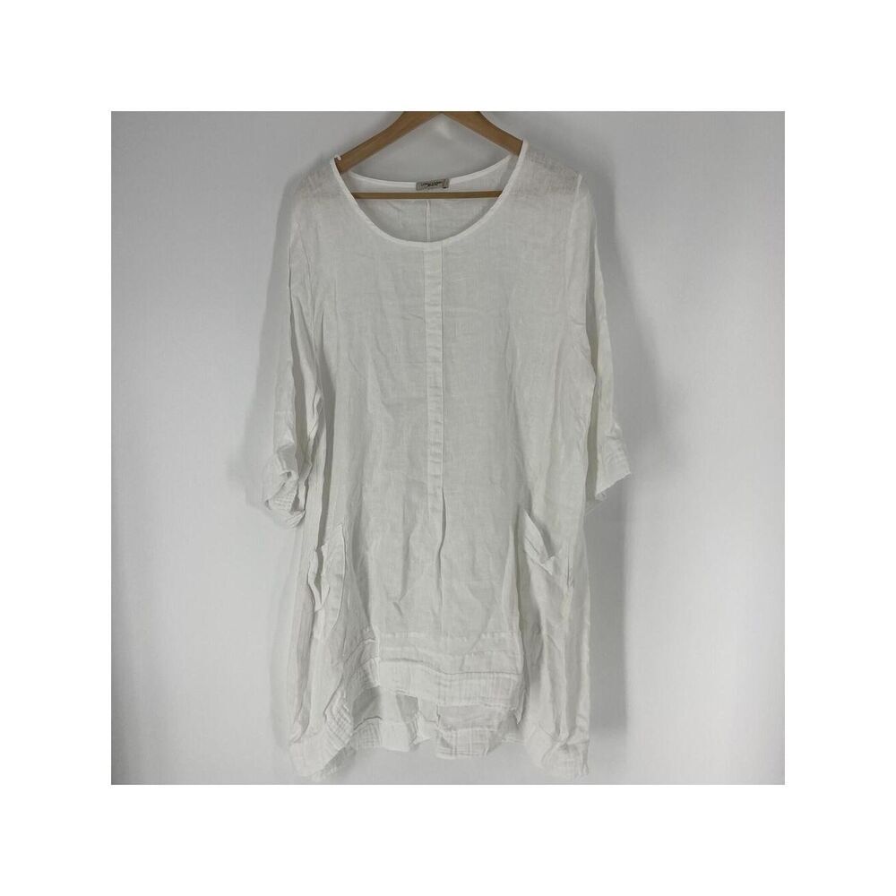 Lungo L'arno Tunic Top Size 1X White Linen Lagenlook Pocket Italy Coastal Beach
